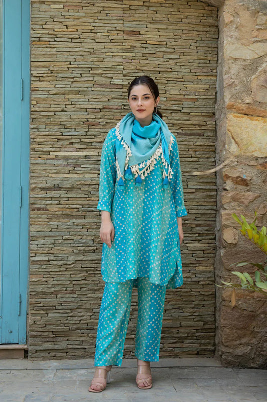 turquoise blue printed tunic with solid trousers co-ord set