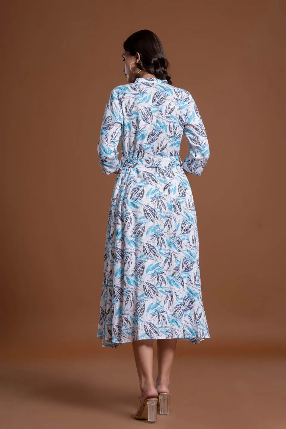 leaf printed shirt style belted midi dress