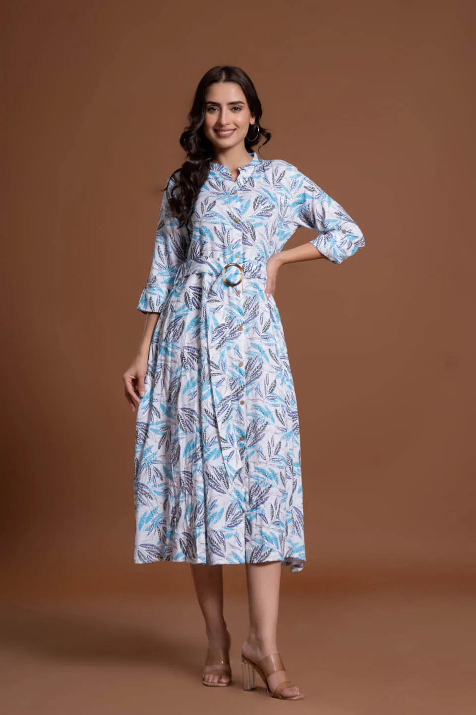 leaf printed shirt style belted midi dress