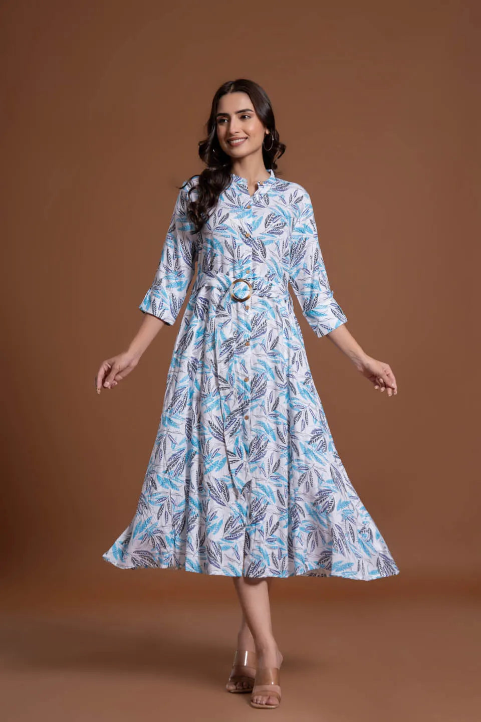 leaf printed shirt style belted midi dress