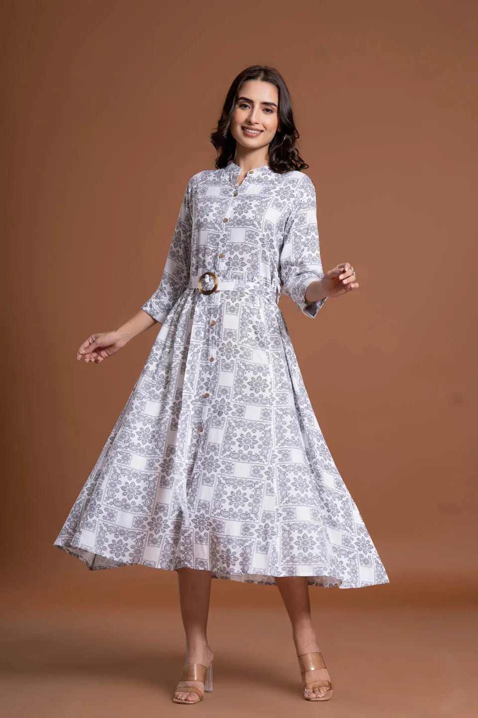 floral printed shirt style belted midi dress