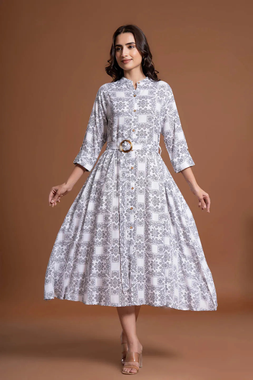 floral printed shirt style belted midi dress