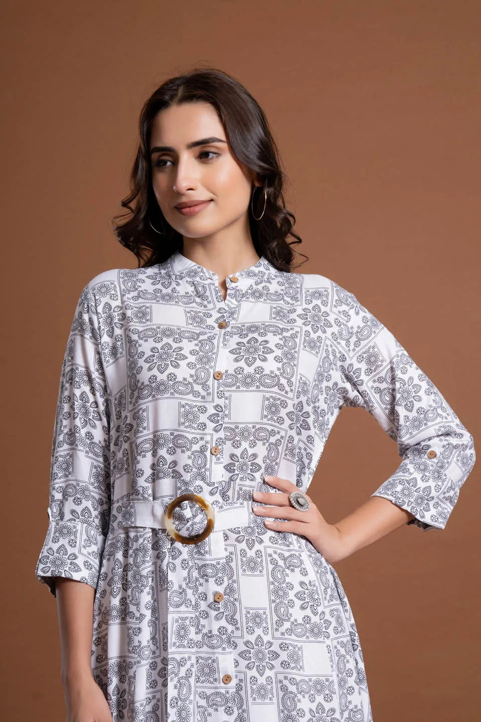 floral printed shirt style belted midi dress