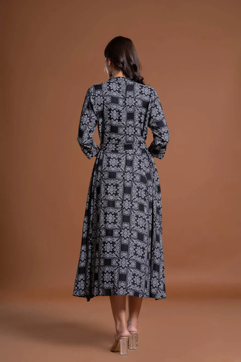 floral printed shirt style belted midi dress