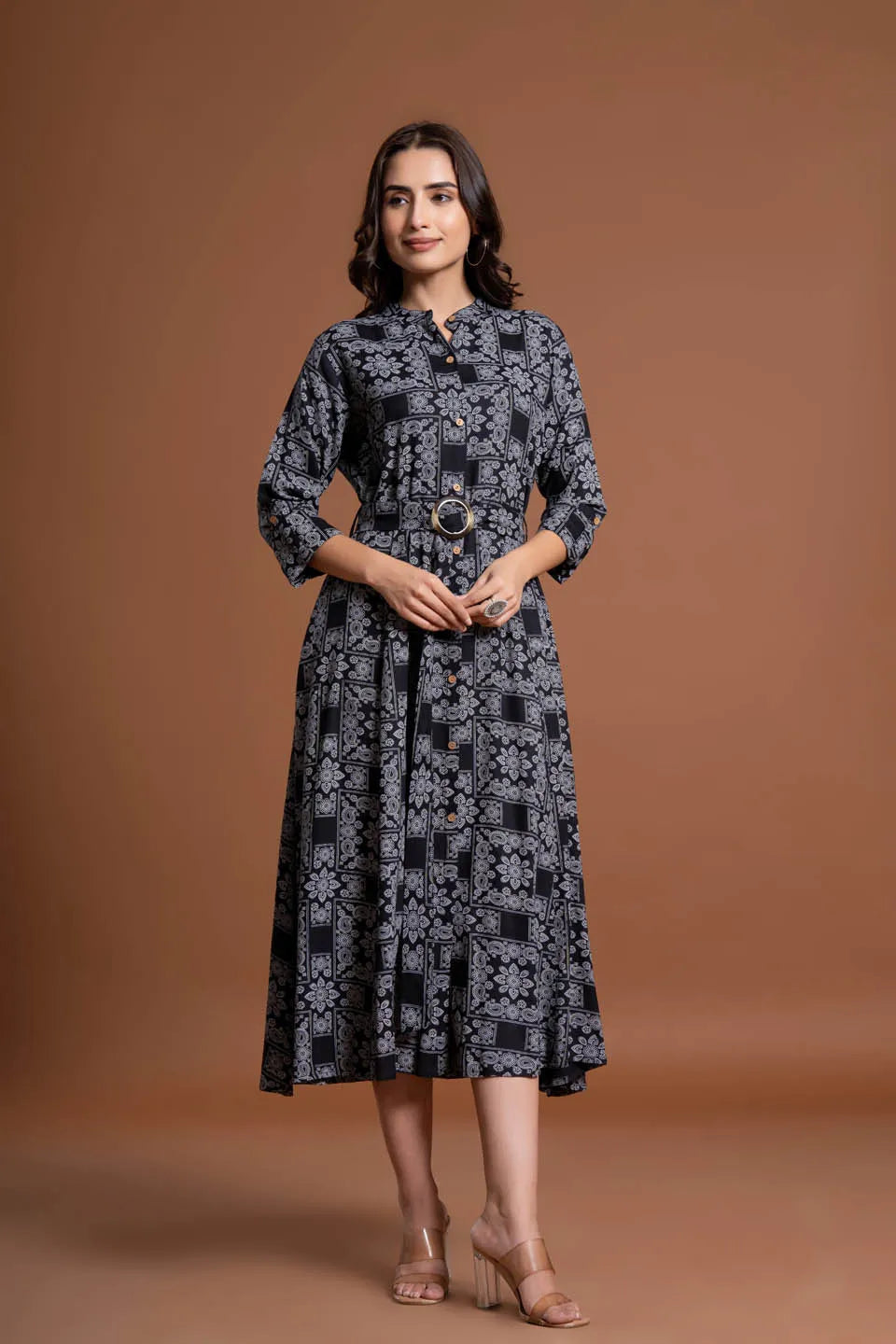 floral printed shirt style belted midi dress