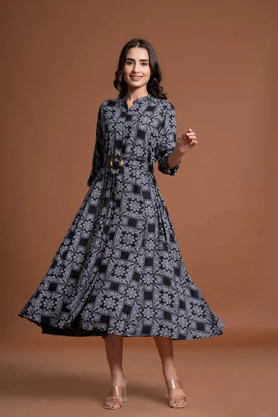 floral printed shirt style belted midi dress