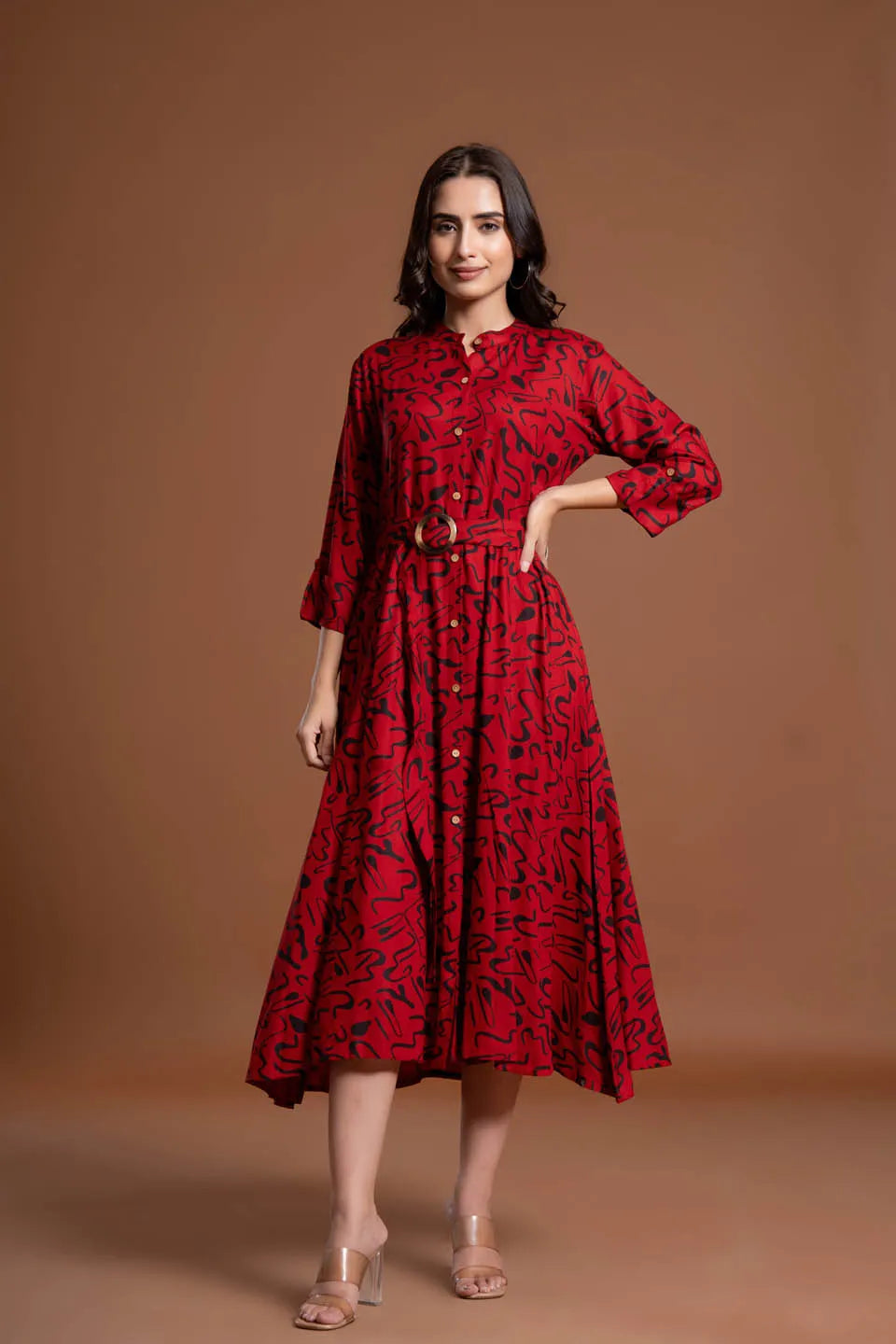 abstract printed shirt style belted midi dress