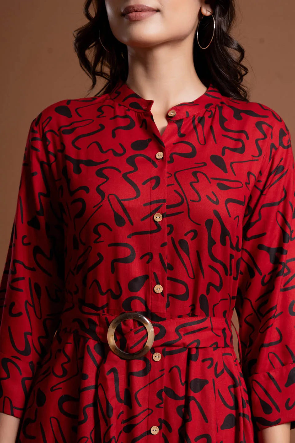 abstract printed shirt style belted midi dress