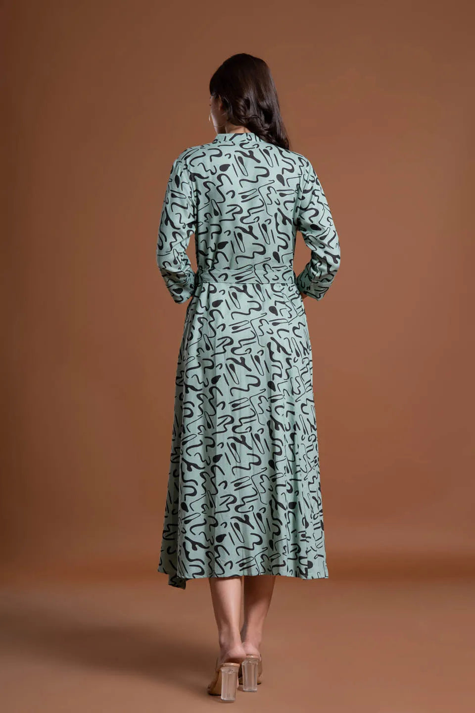 abstract printed shirt style belted midi dress