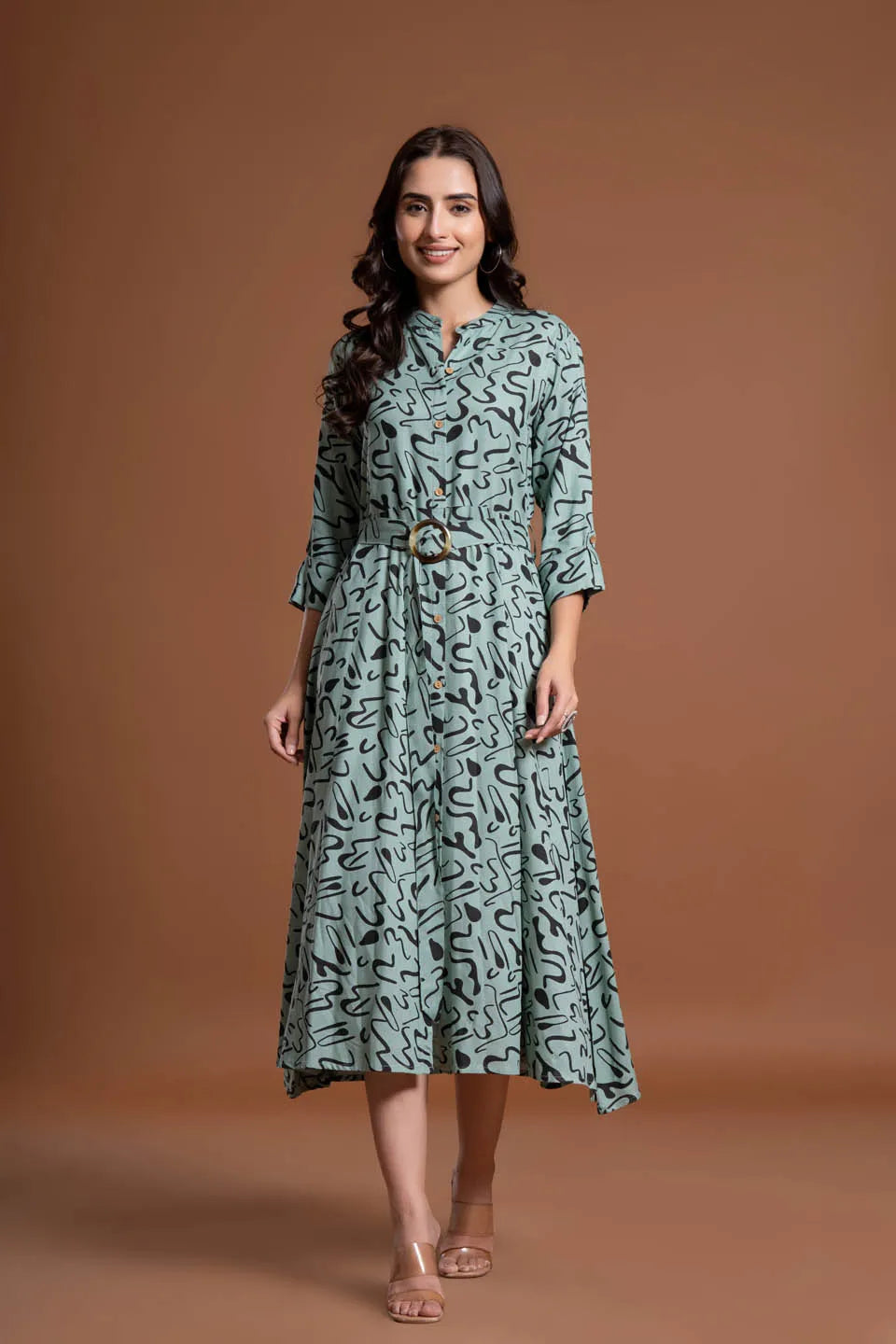 abstract printed shirt style belted midi dress