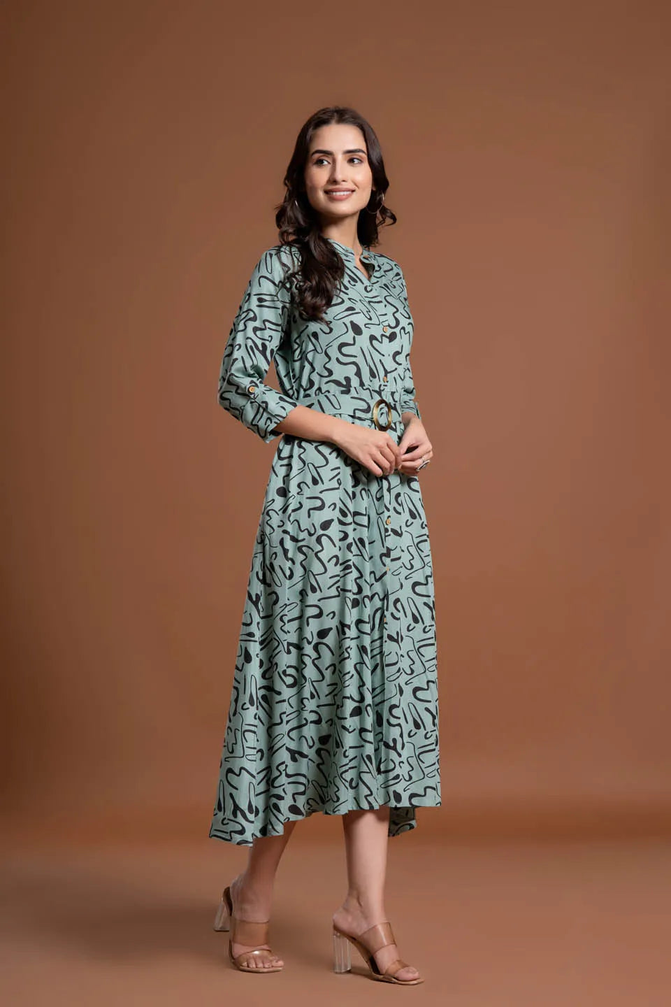 abstract printed shirt style belted midi dress