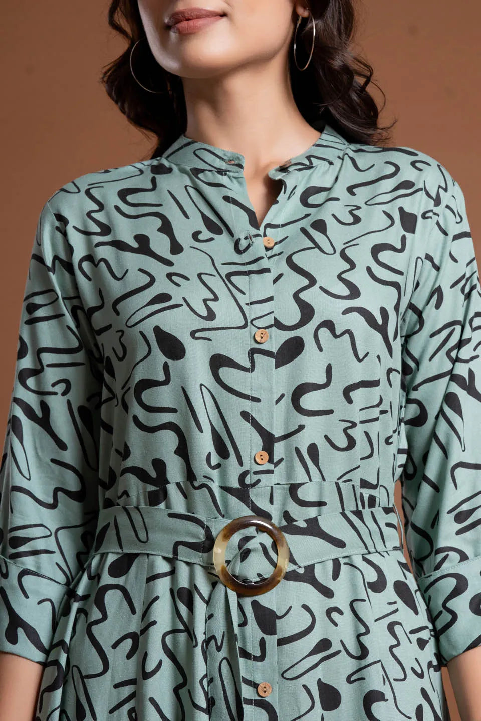 abstract printed shirt style belted midi dress