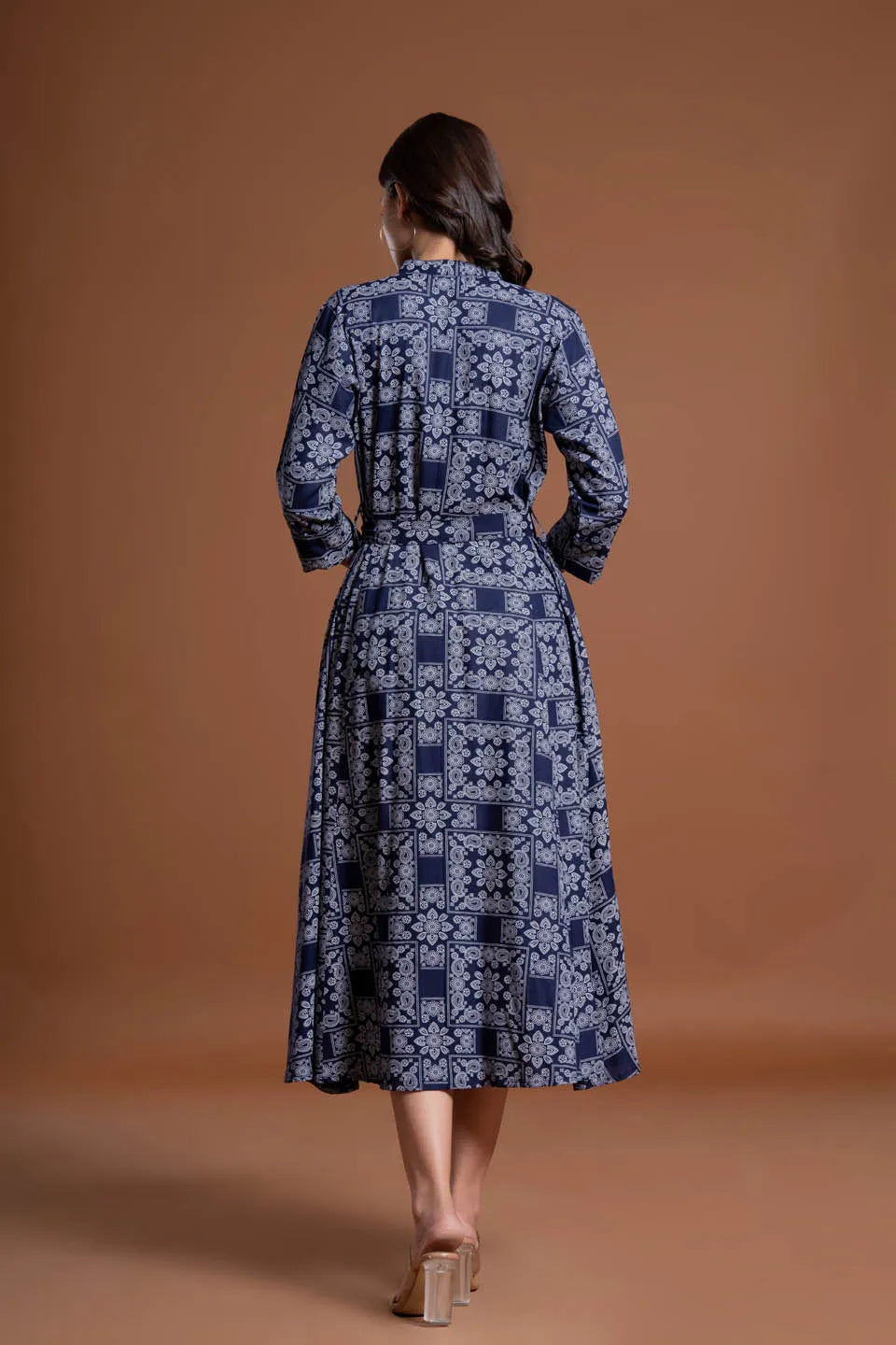 floral printed shirt style belted midi dress