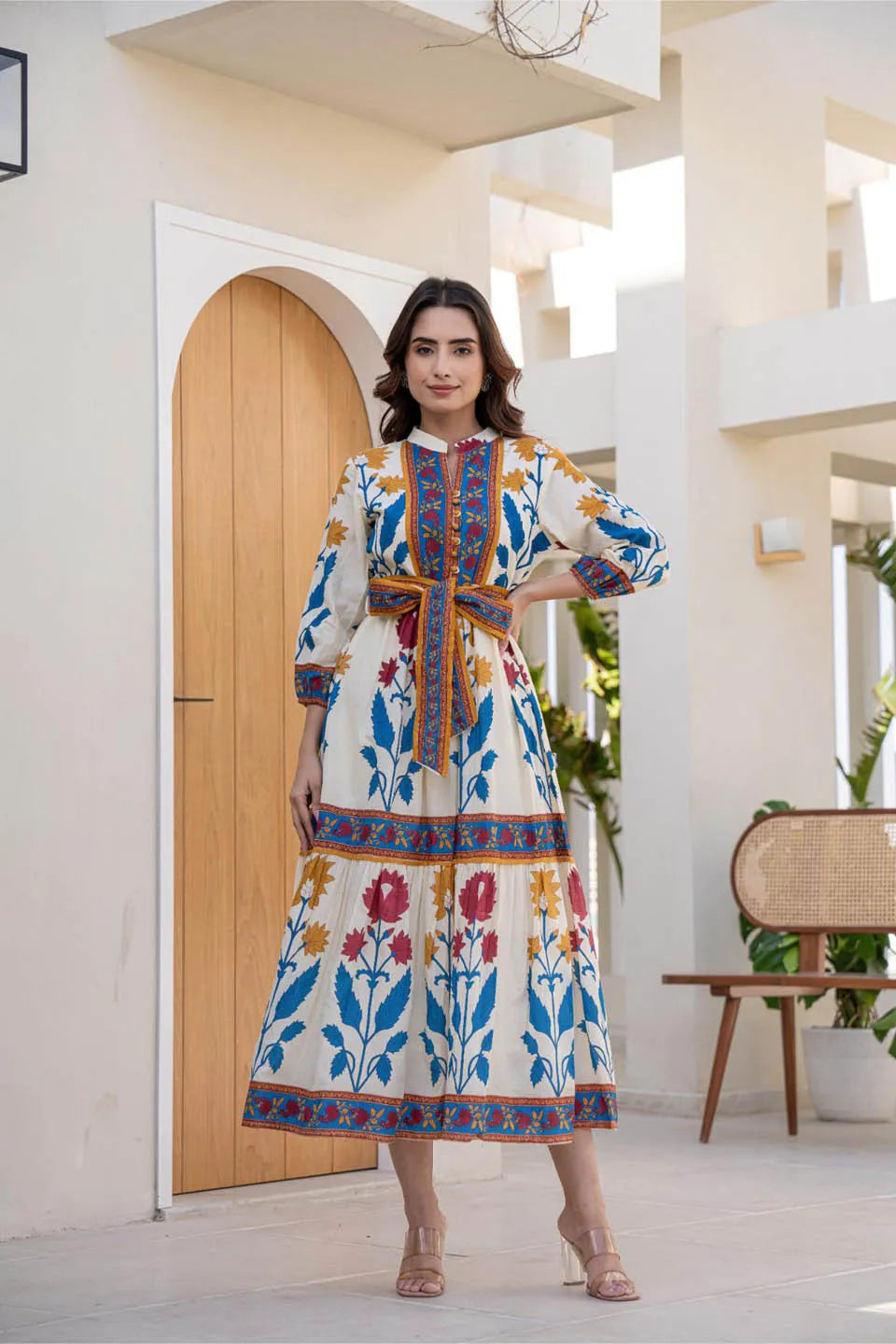 WOMEN'S COTTON LONG DRESS WITH PRINTED DESIGN AND BELT