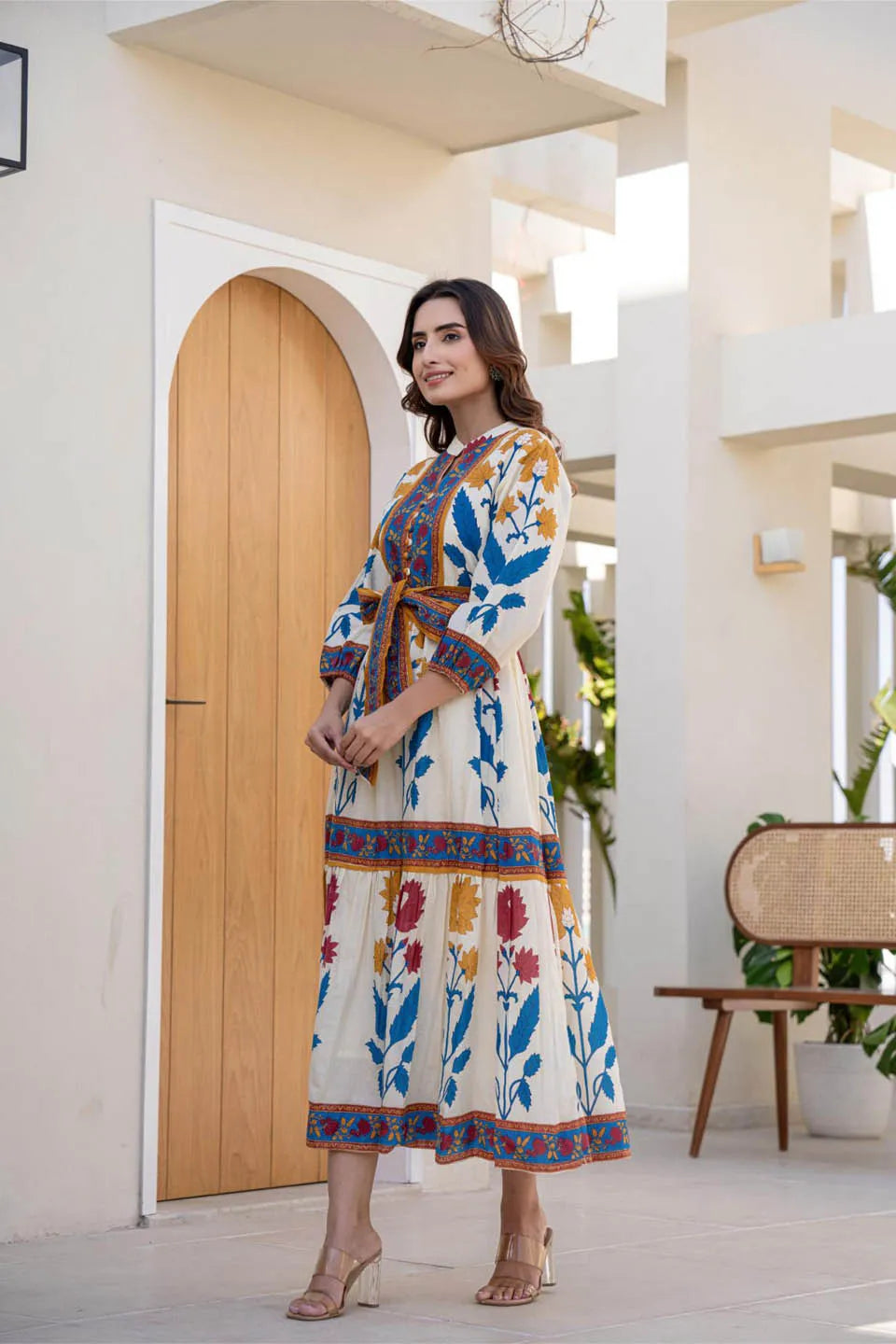 WOMEN'S COTTON LONG DRESS WITH PRINTED DESIGN AND BELT