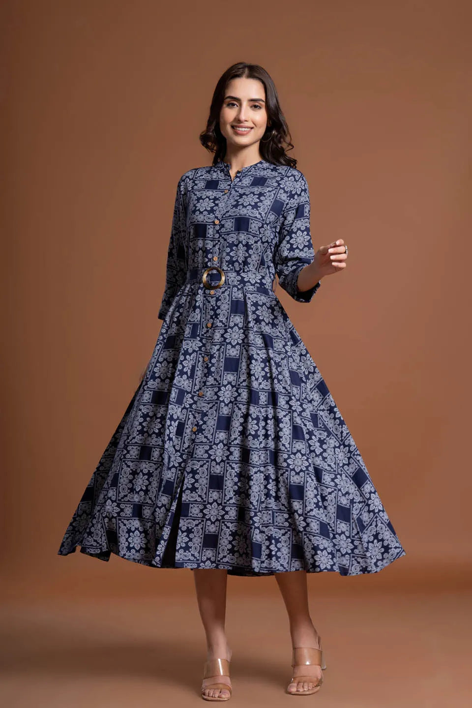 floral printed shirt style belted midi dress