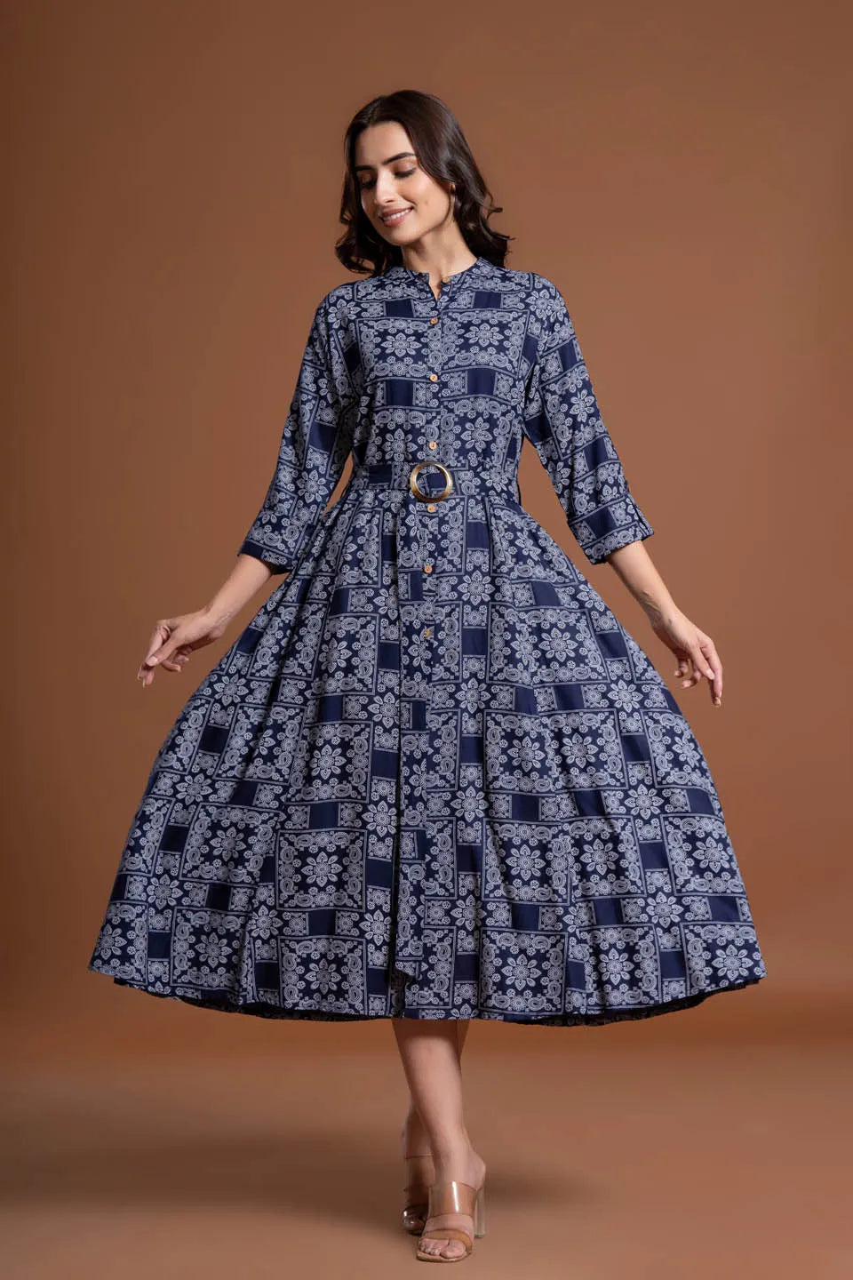 floral printed shirt style belted midi dress