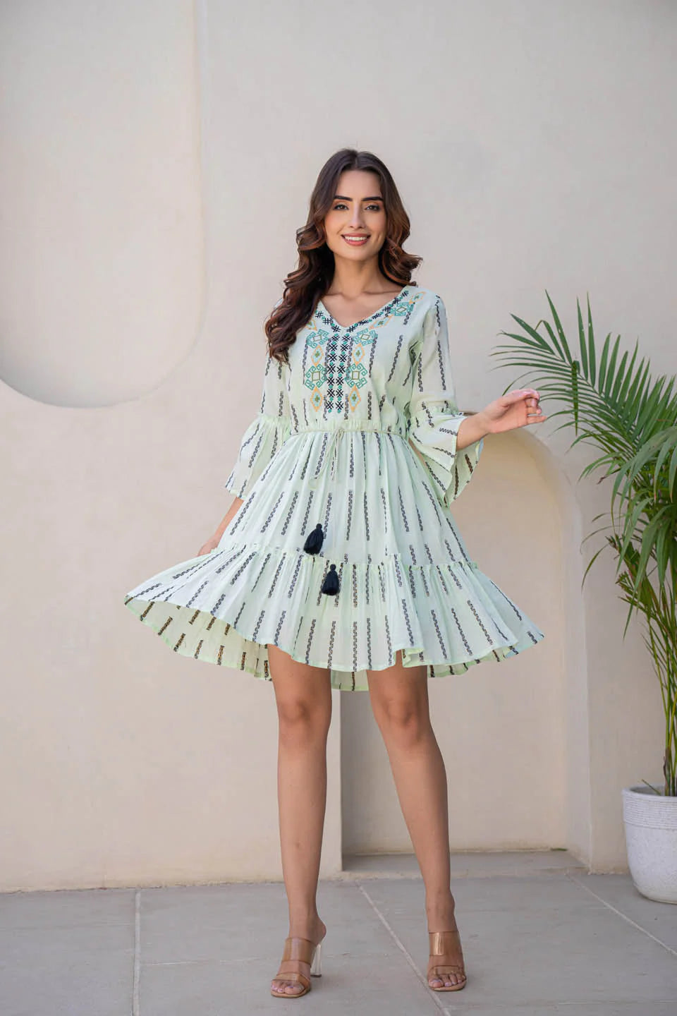 WOMEN'S MINT COTTON SHORT DRESS WITH KNOT BELT AND FLARED SLEEVES