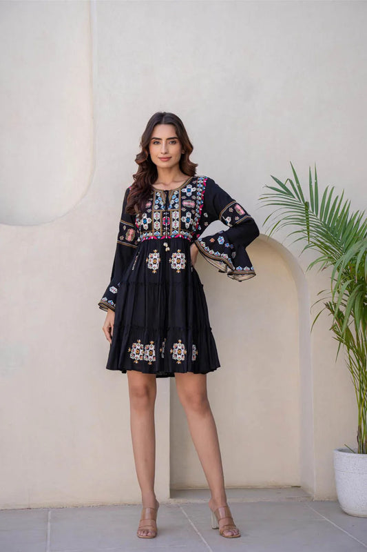 WOMEN'S COTTON SHORT DRESS IN BLACK WITH EMBROIDERY WORK