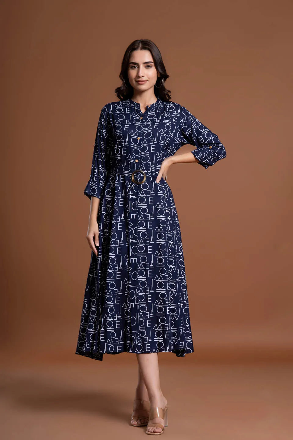 text printed shirt style belted midi dress