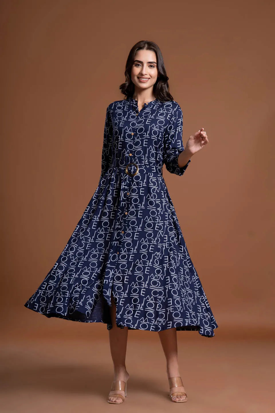 text printed shirt style belted midi dress