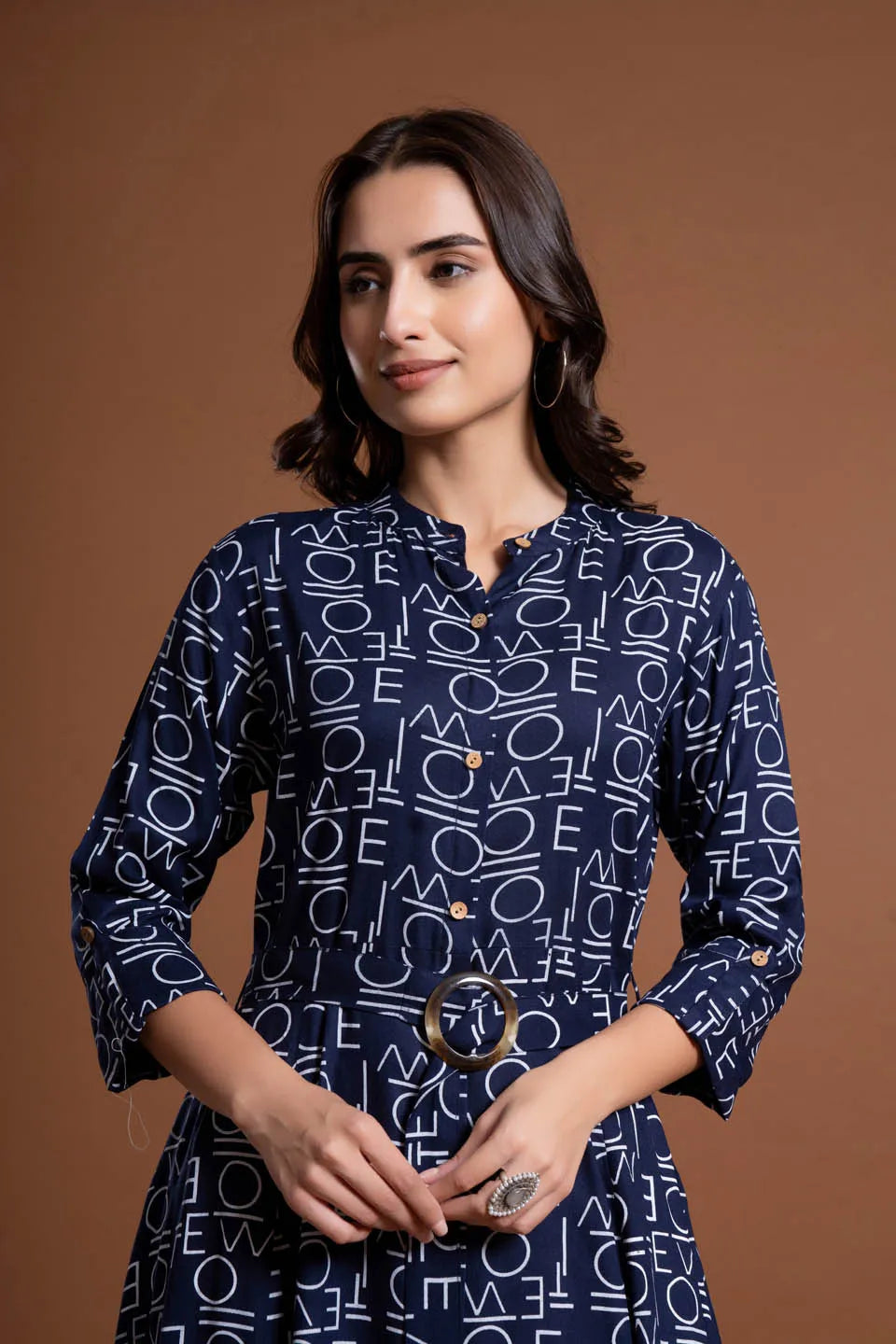 text printed shirt style belted midi dress