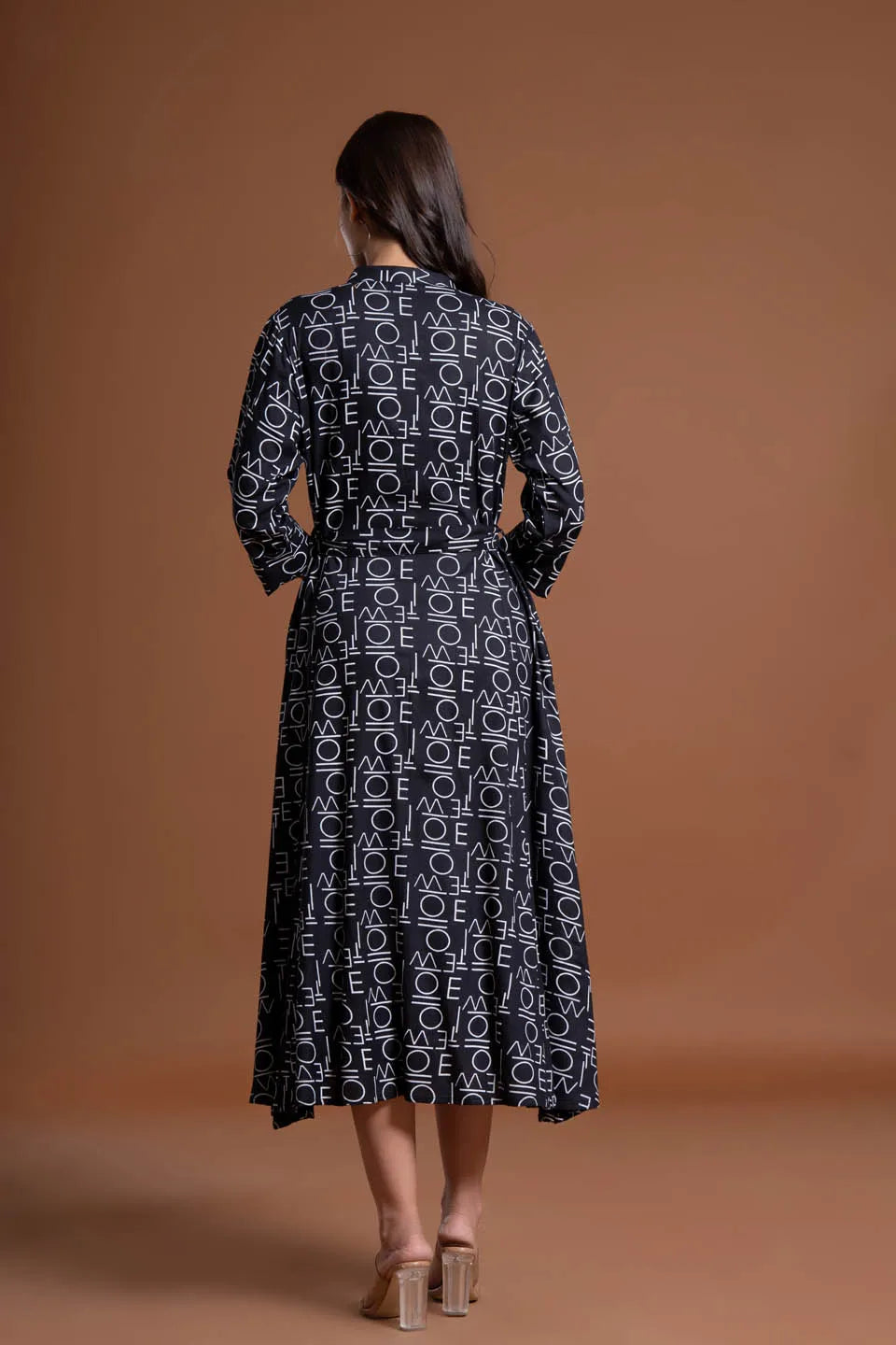 text printed shirt style belted midi dress