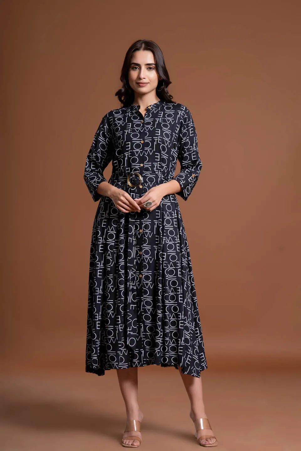 text printed shirt style belted midi dress