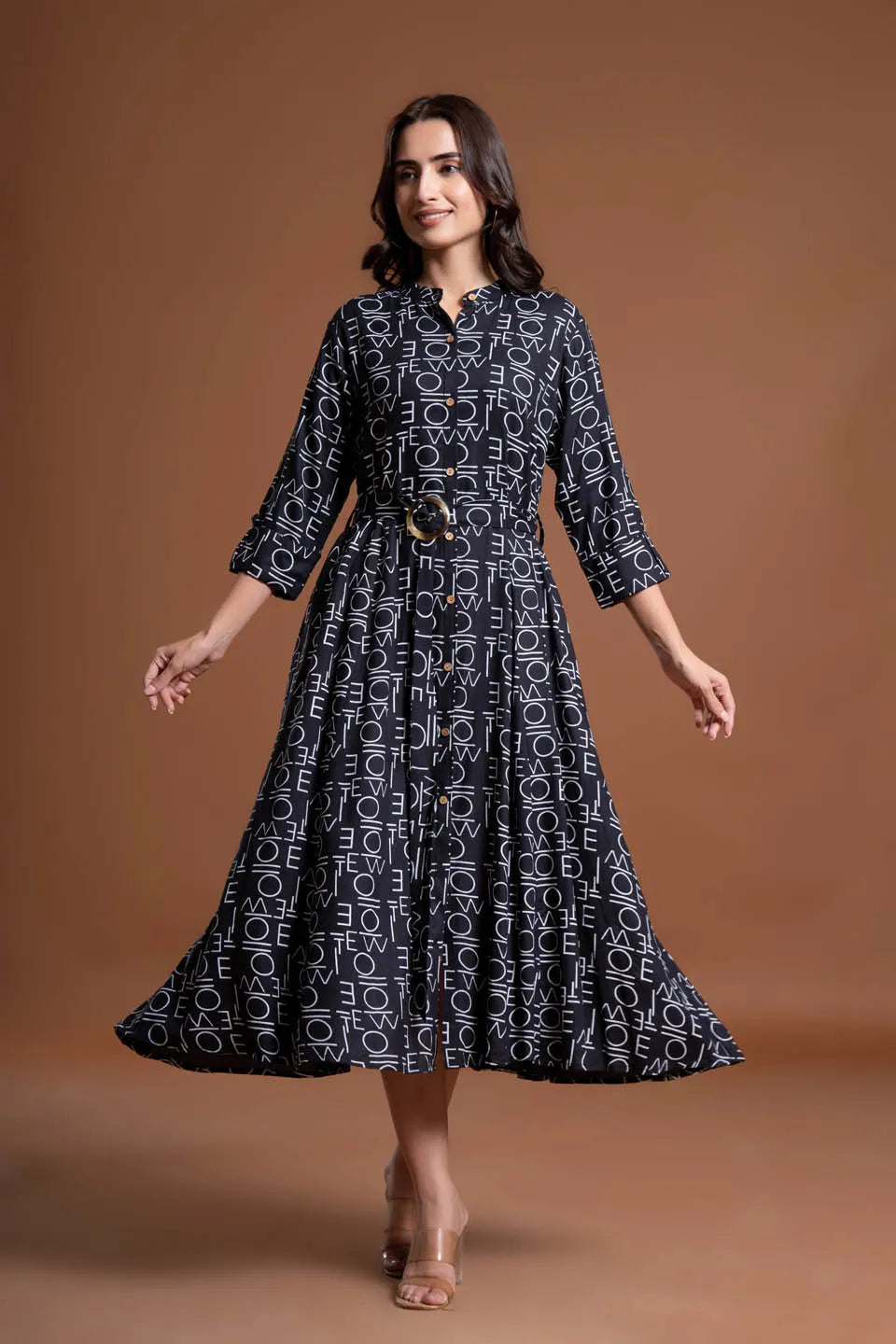 text printed shirt style belted midi dress