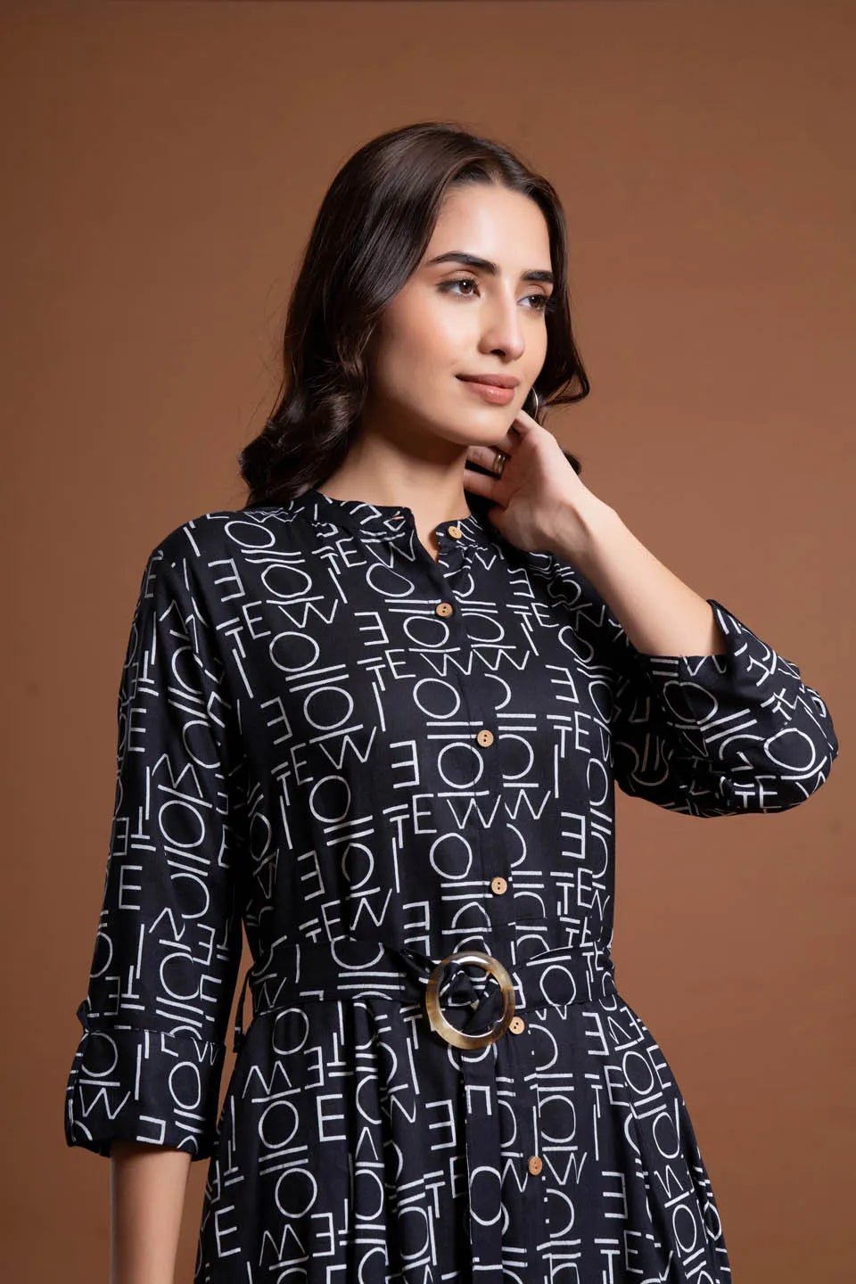 text printed shirt style belted midi dress