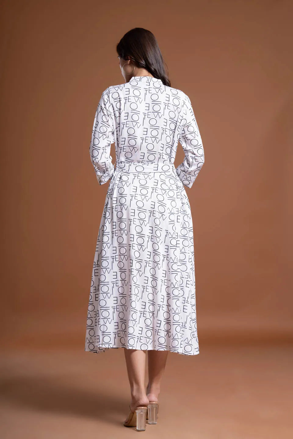 text printed shirt style belted midi dress