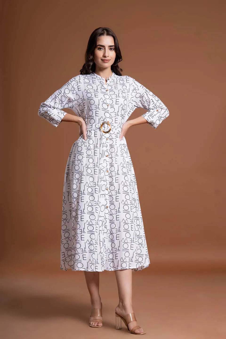 text printed shirt style belted midi dress