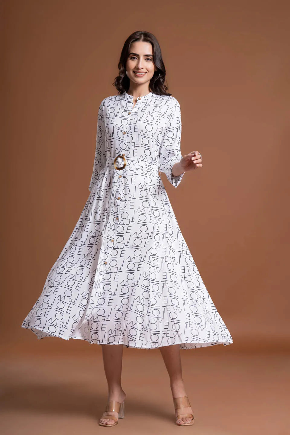 text printed shirt style belted midi dress