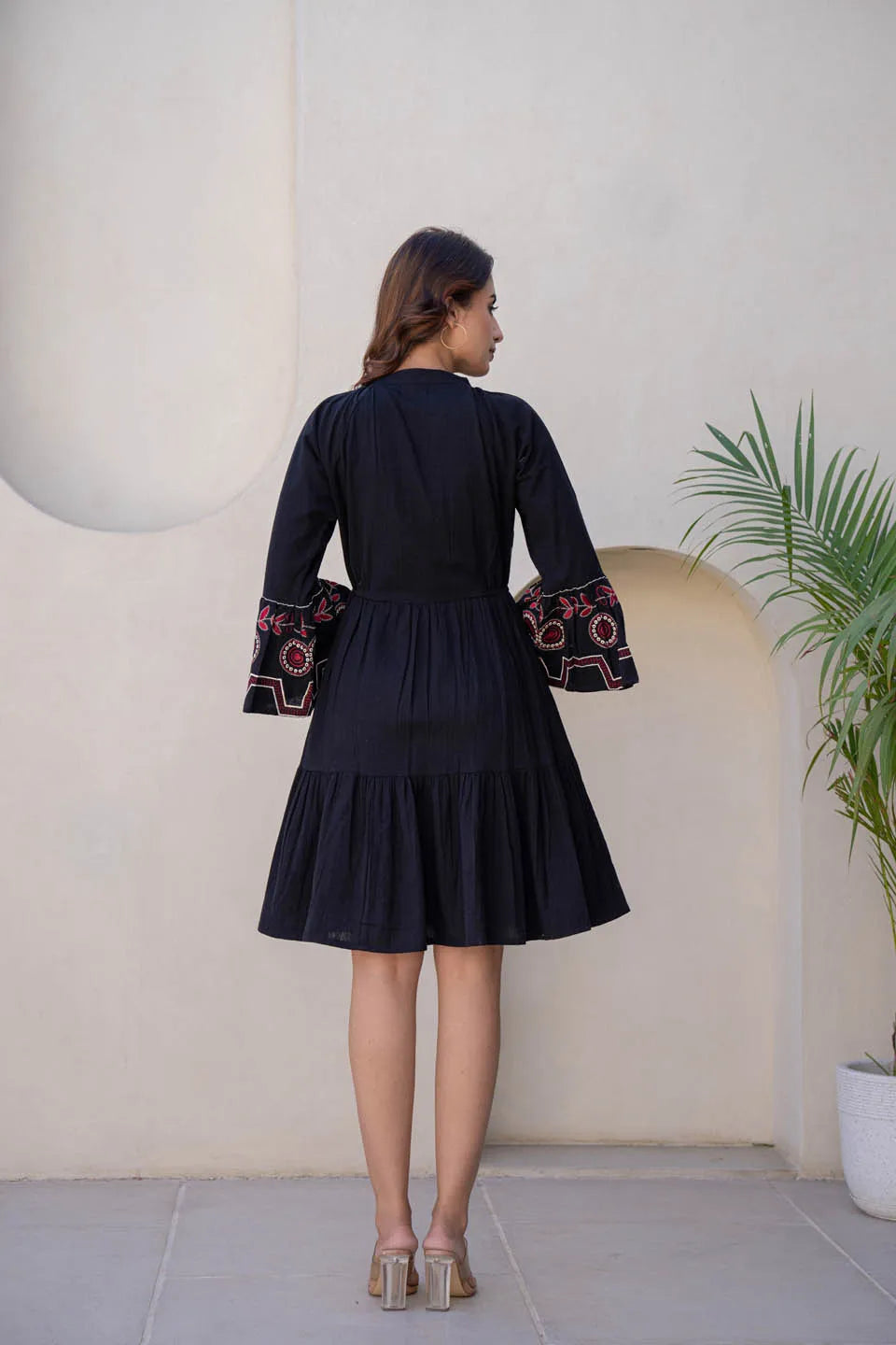 tie up neck bell sleeve fit flare short dress in black for women