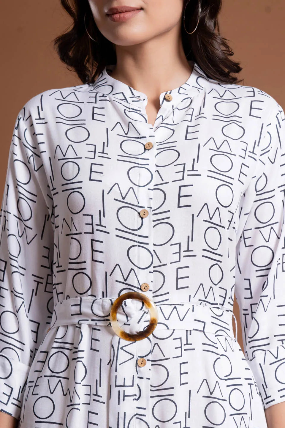 text printed shirt style belted midi dress