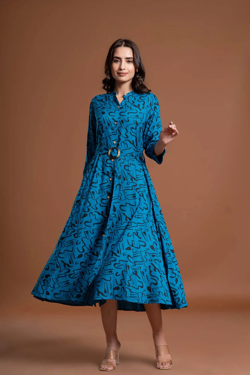 abstract printed shirt style belted midi dress