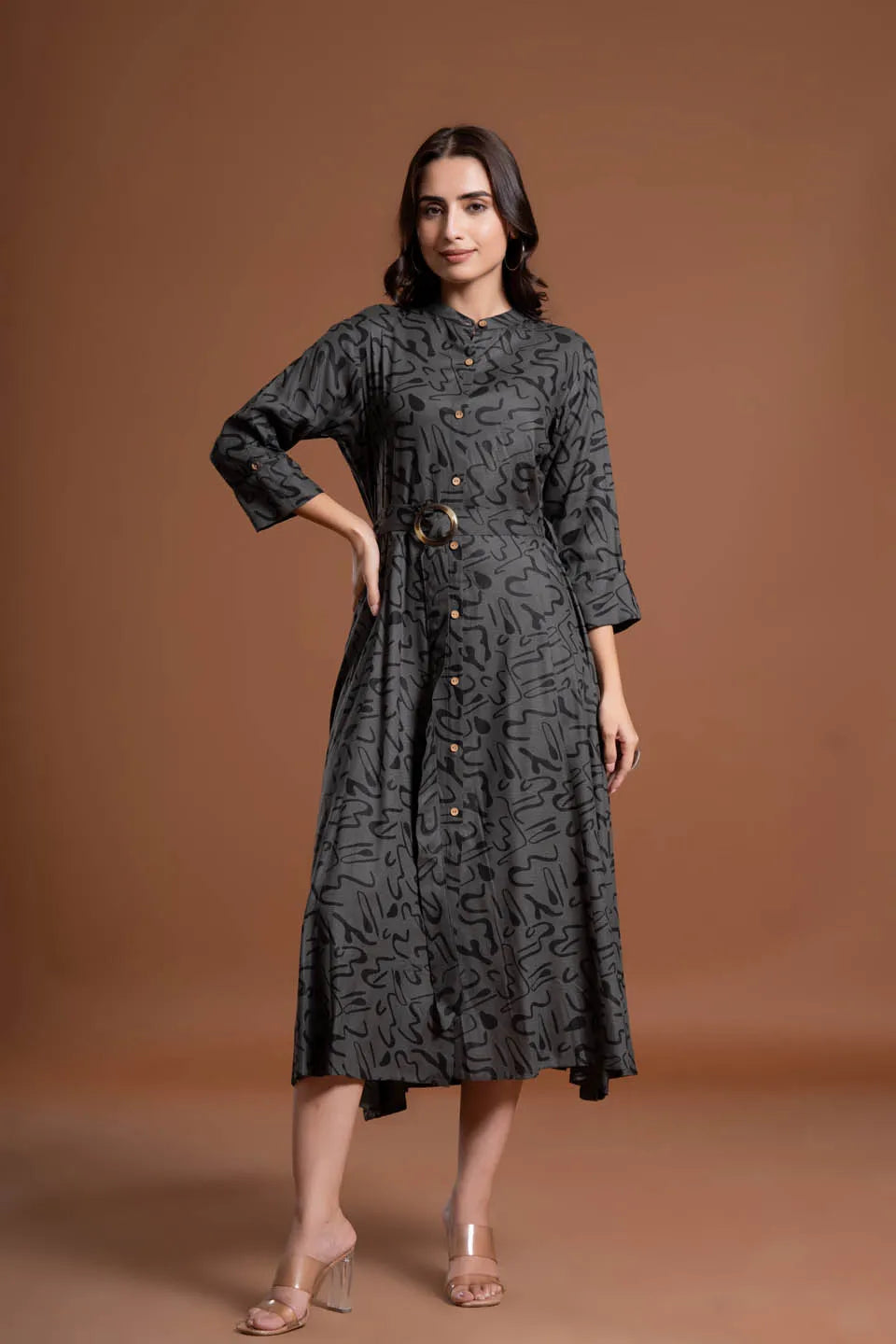 abstract printed shirt style belted midi dress