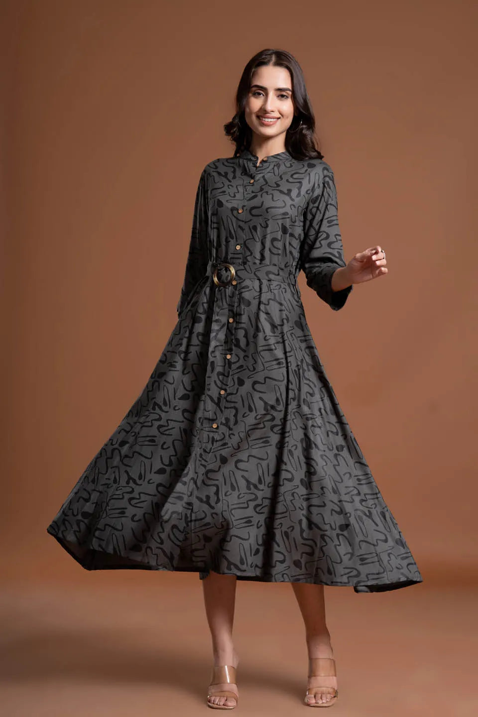 abstract printed shirt style belted midi dress