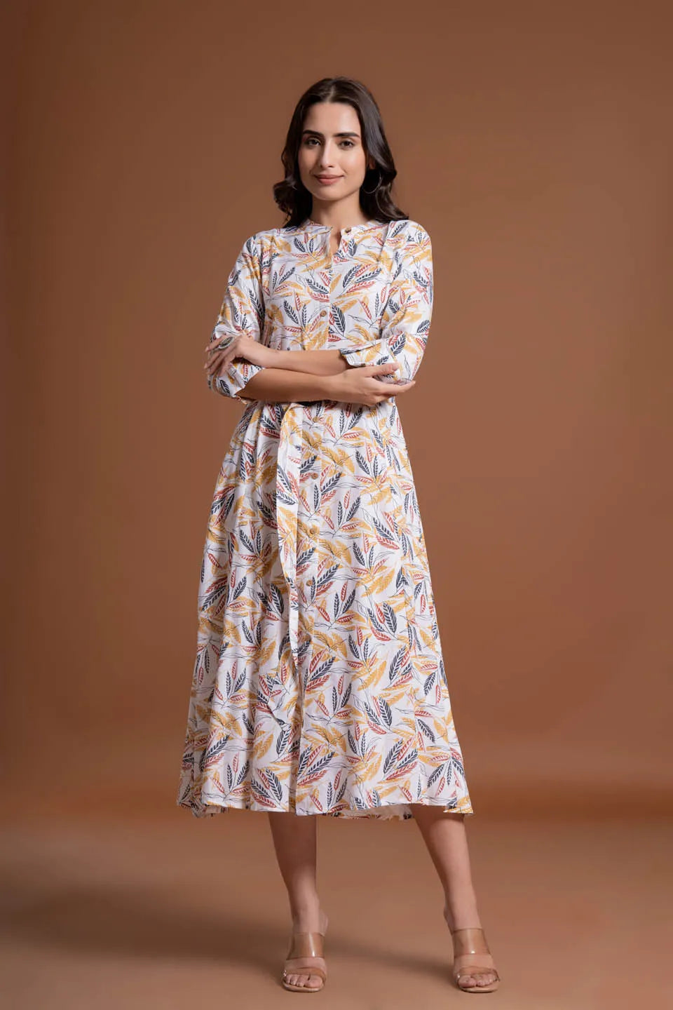 leaf printed shirt style belted midi dress