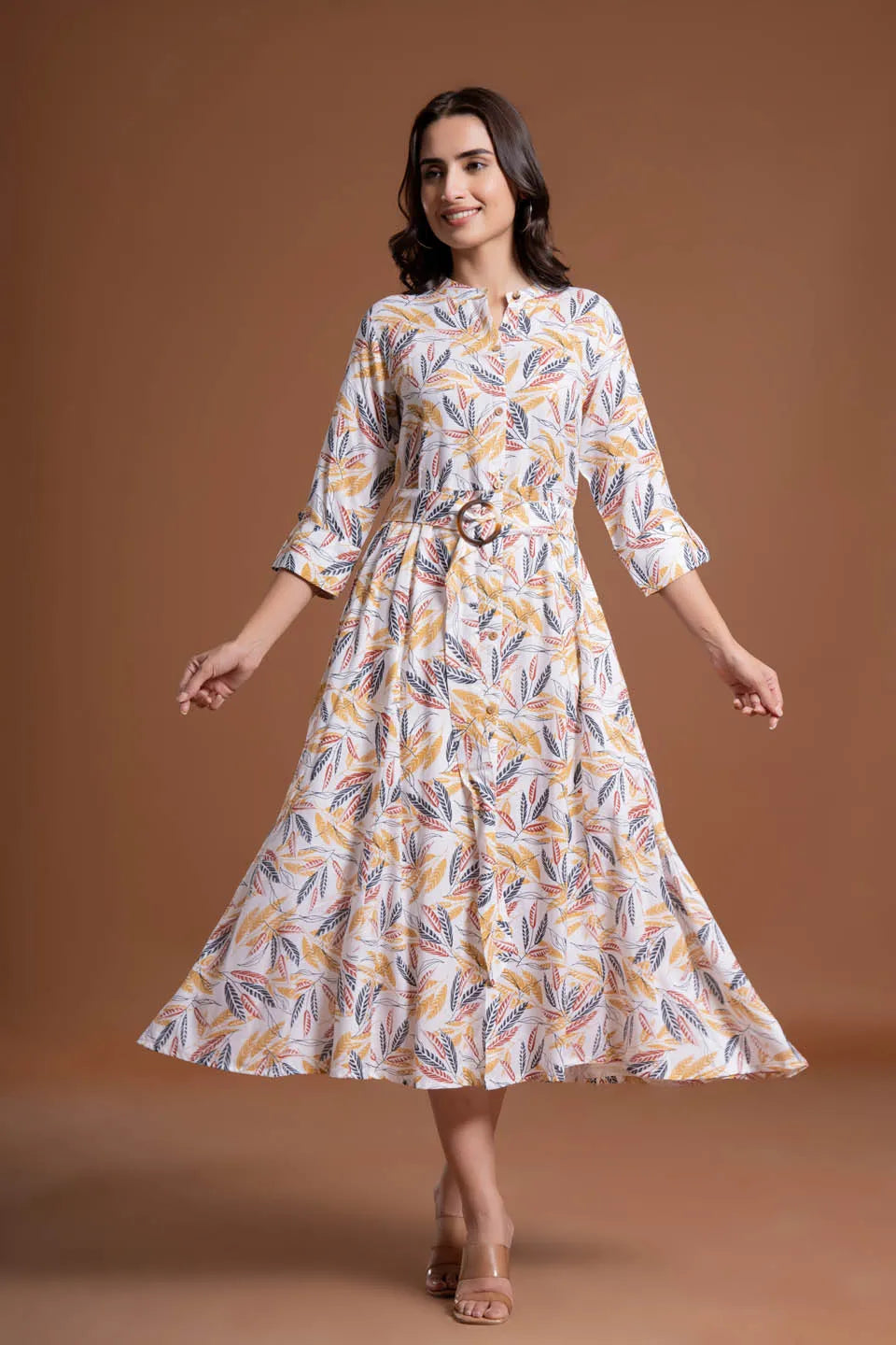 leaf printed shirt style belted midi dress