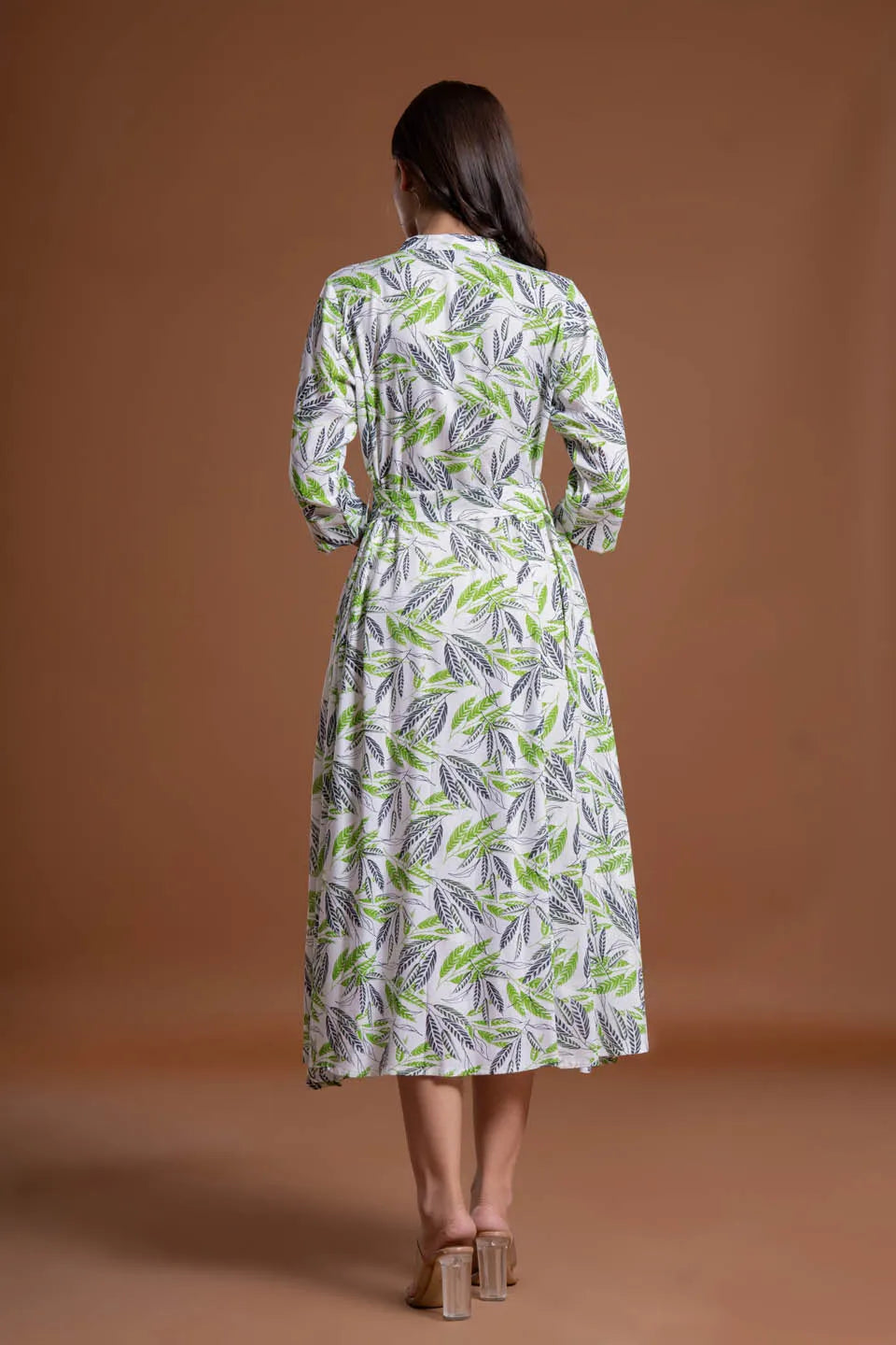 leaf printed shirt style belted midi dress