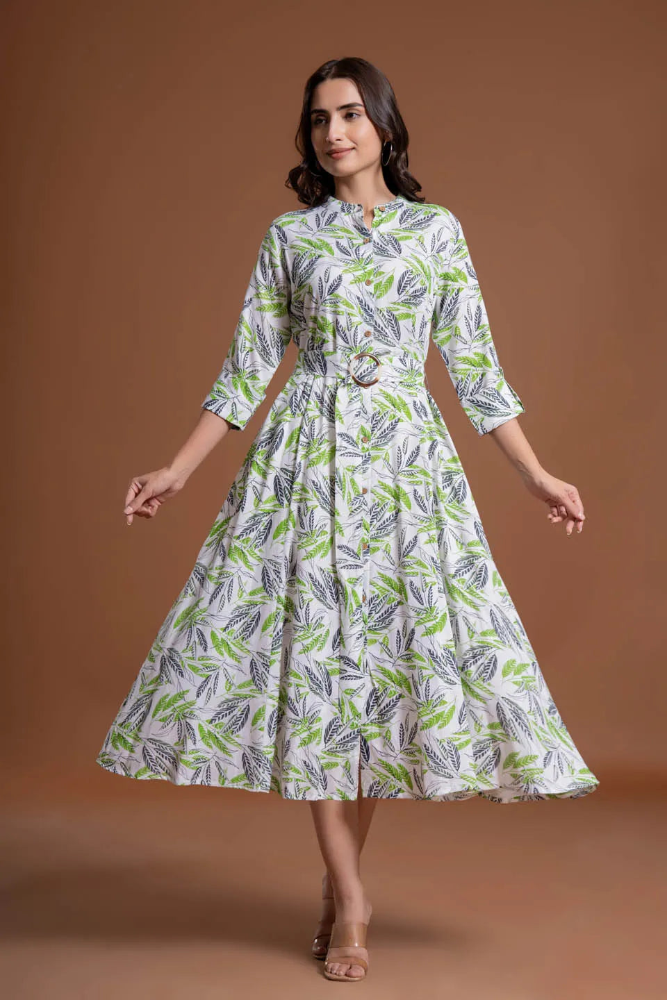 leaf printed shirt style belted midi dress