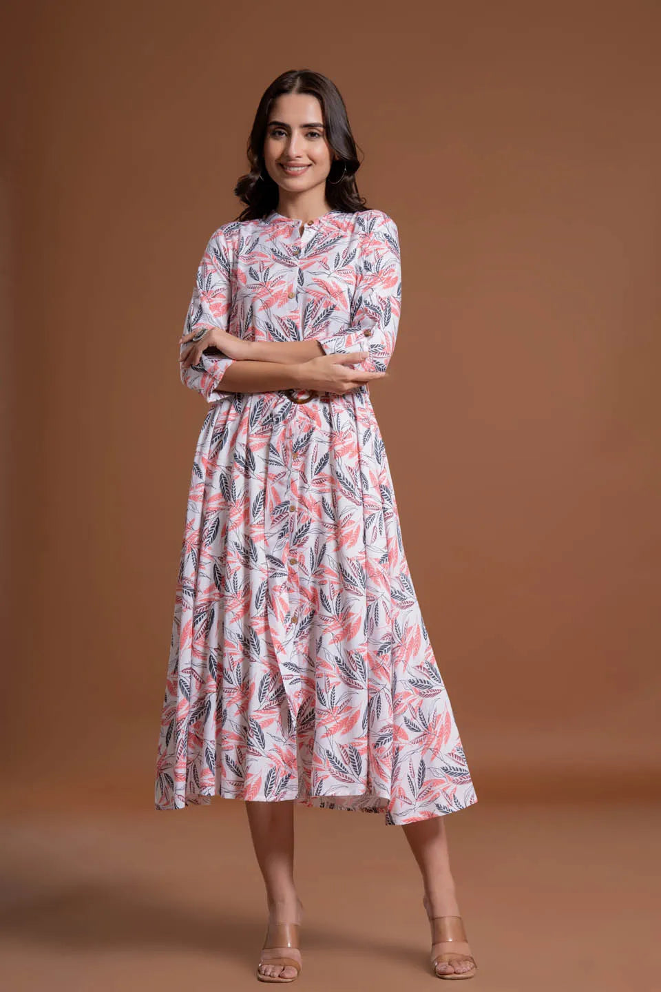 leaf printed shirt style belted midi dress