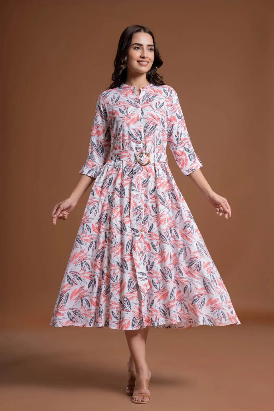 leaf printed shirt style belted midi dress