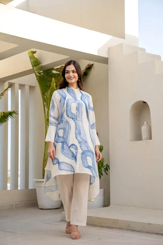 white blue abstract print a line tunic with straight pants set