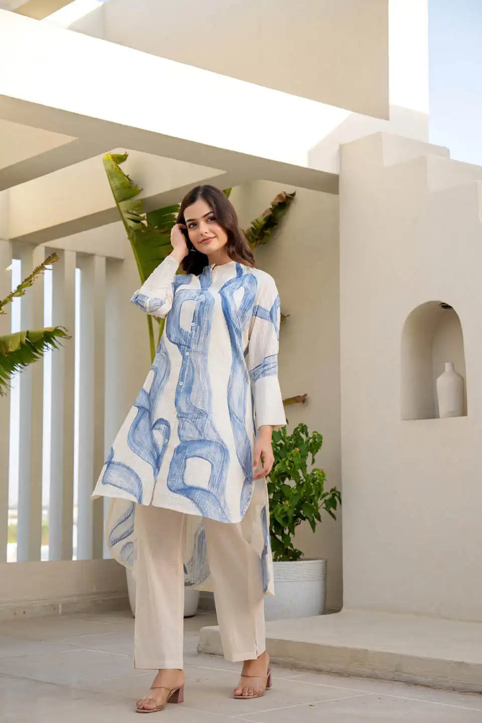 White & Blue Abstract Print A-Line Tunic with Straight Pants Set