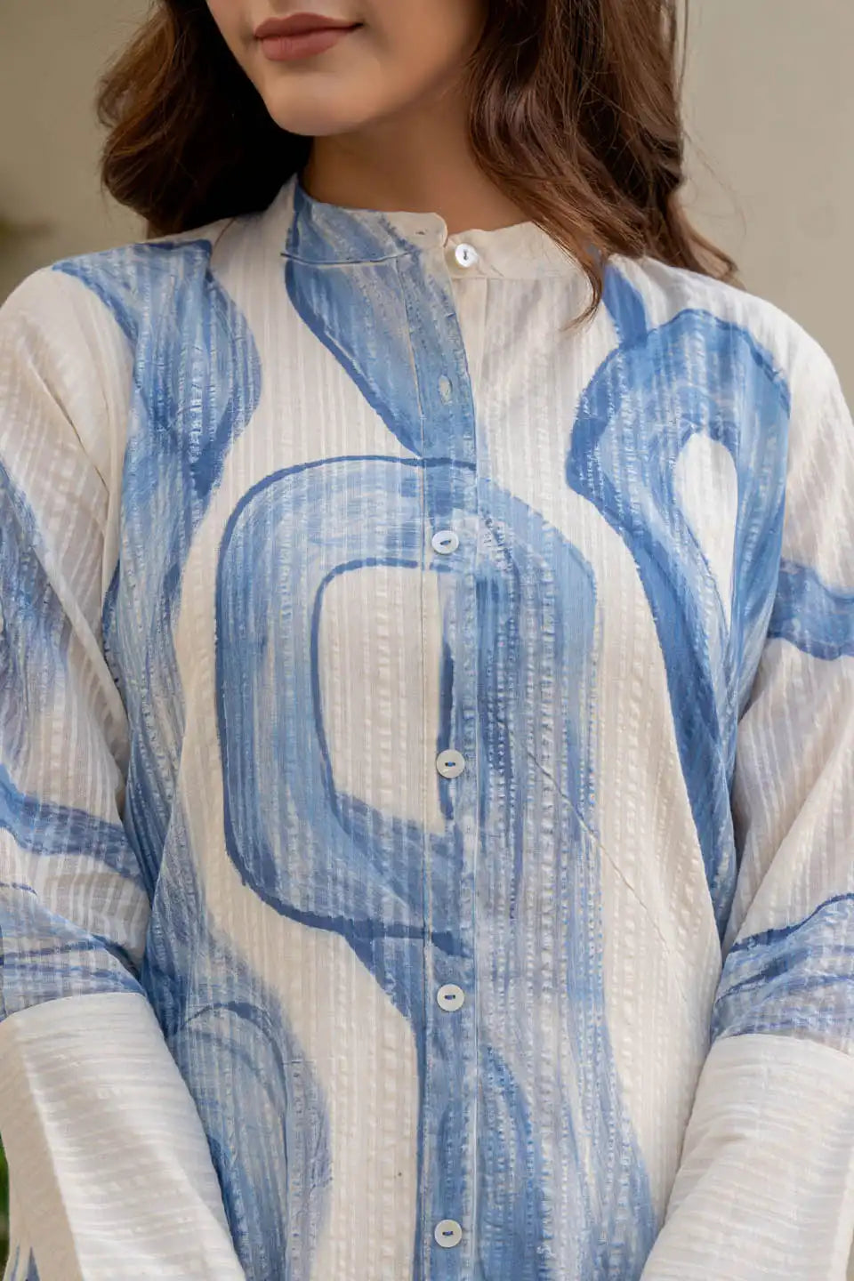 White & Blue Abstract Print A-Line Tunic with Straight Pants Set