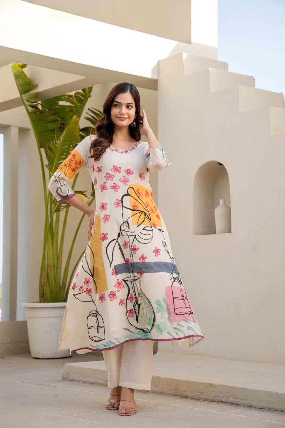 a line floral abstract print cotton kurta with straight pants casual wear set