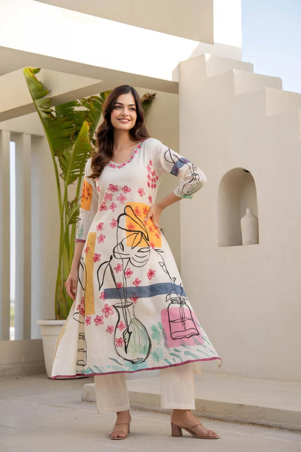 a line floral abstract print cotton kurta with straight pants casual wear set