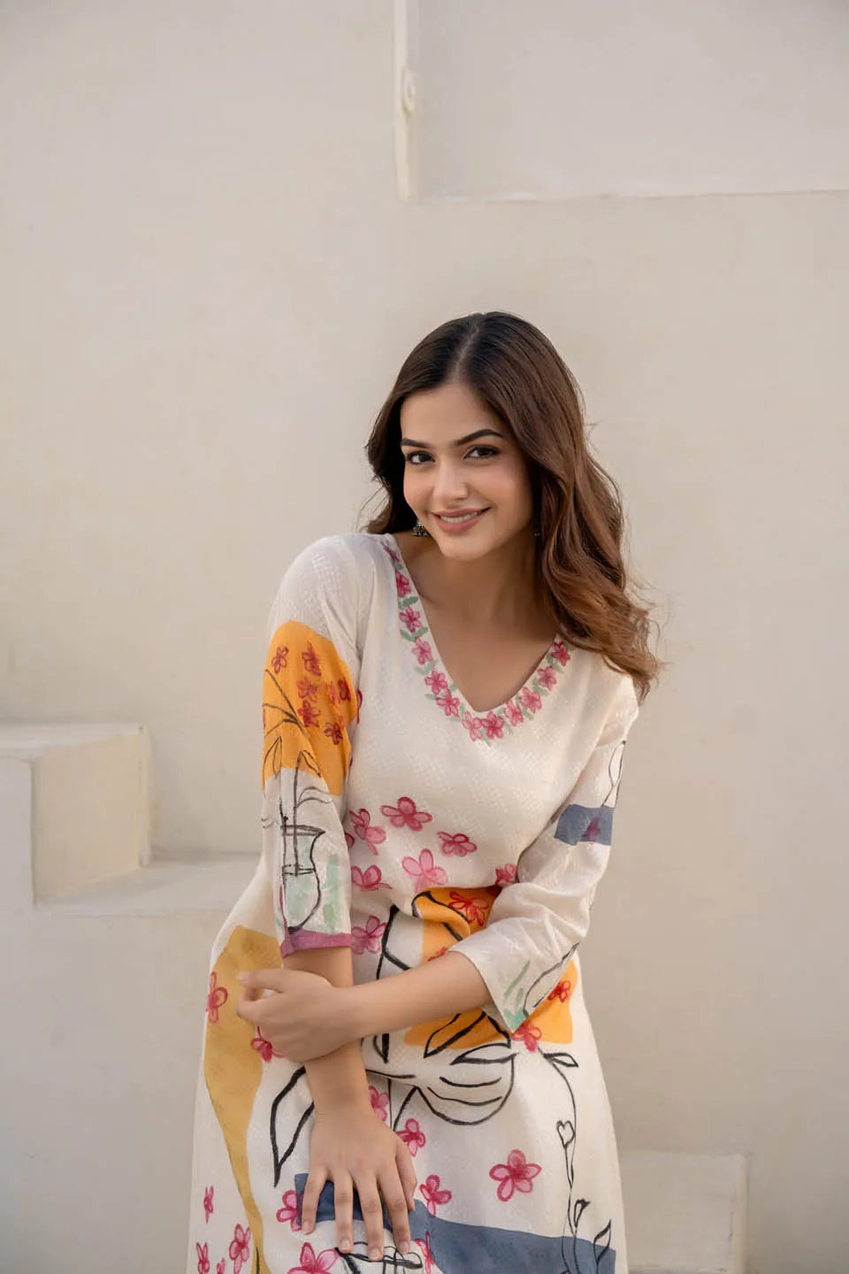 a line floral abstract print cotton kurta with straight pants casual wear set